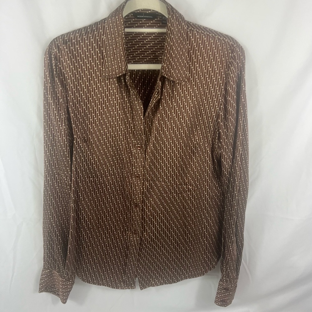 Moda International Brown Patterned Silk Button Do… - image 1